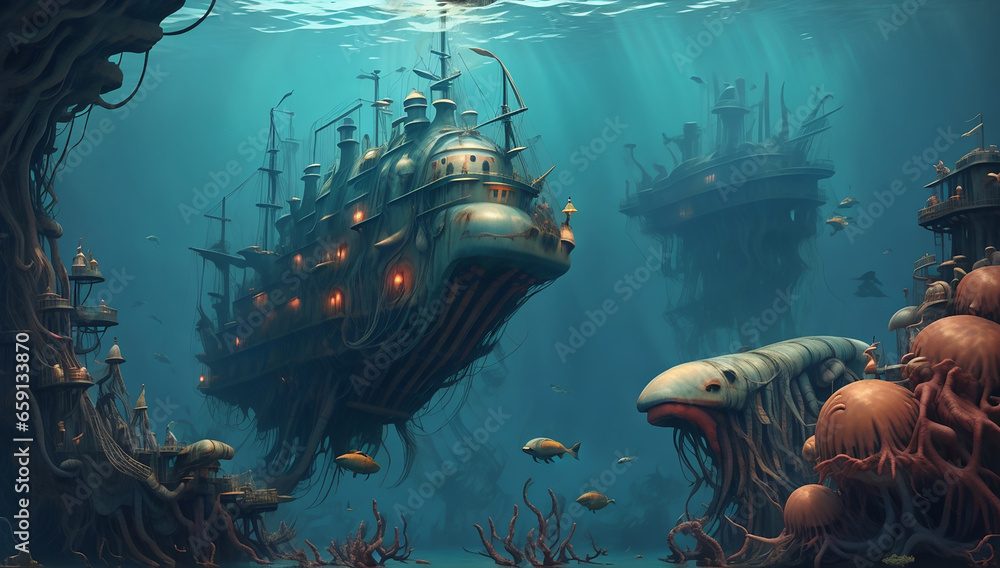 Poster an image that captures the exploration of a sunken shipwreck by divers - ai generative