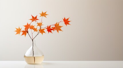  a glass vase with a branch of orange leaves in it.  generative ai