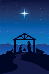 Christmas Nativity Scene: The Holy Family in the desert at night.