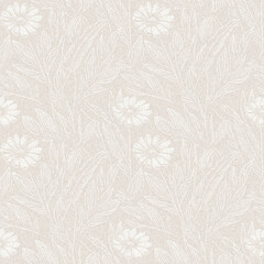 Subtle rustic elegance wedding floral block print linen seamless pattern. All over print of white on white tonal cotton effect flower background.