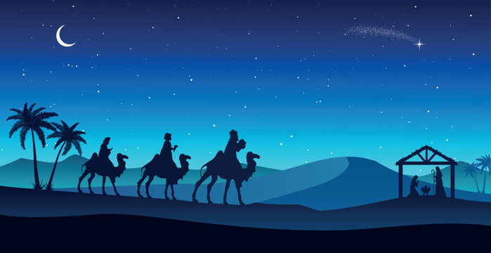 Blue Christmas Nativity Scene: Three Wise Men go to the manger in the desert at night.