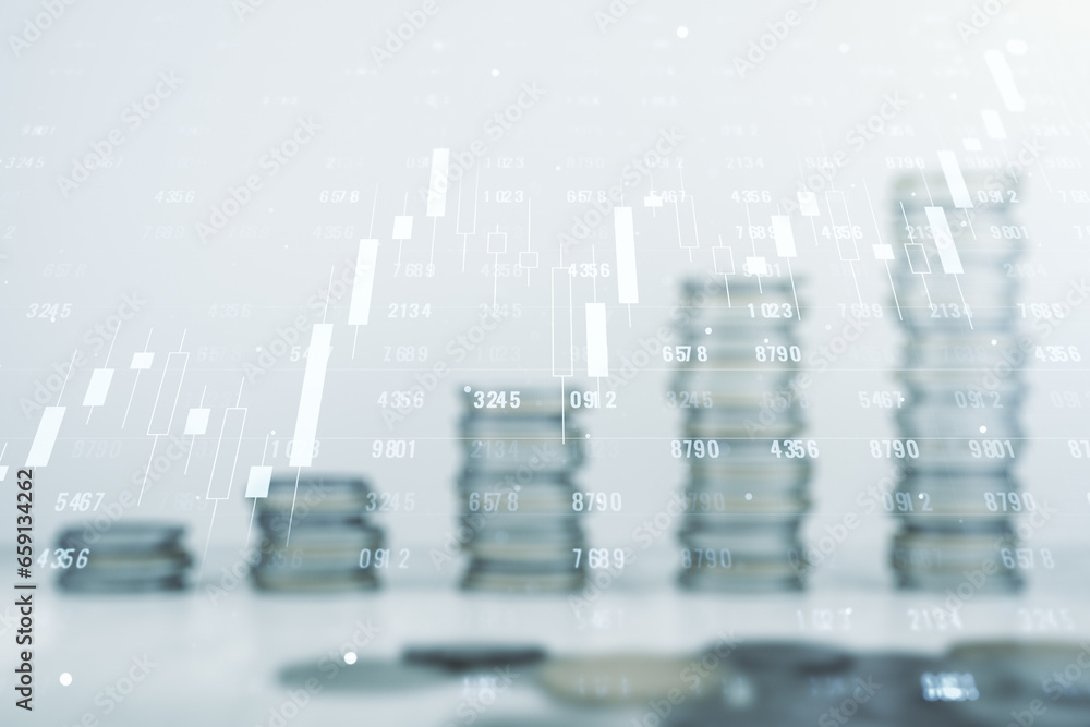 Poster abstract virtual analytics data spreadsheet on coins background, analytics and analysis concept. mul