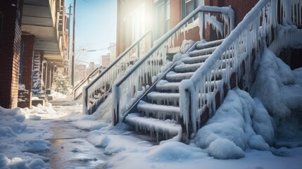 Urban winter hazards: Uncleaned, slippery stairs pose dangers as pedestrians brave icy conditions in the snowy cityscape. - obrazy, fototapety, plakaty