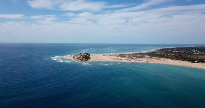 Faro de Trafalgar, aerial view of the lighthouse at a sandy headland with dunes between Los Ca&ntilde;os de Meca and Zahora, Conil de la Frontera, Vejer de la Frontera, Costa de la Luz, Andalusia, Spain