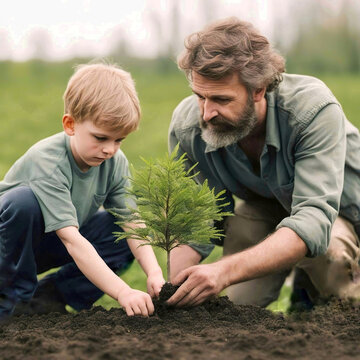 Padre E Hijo Plantando Un árbol 