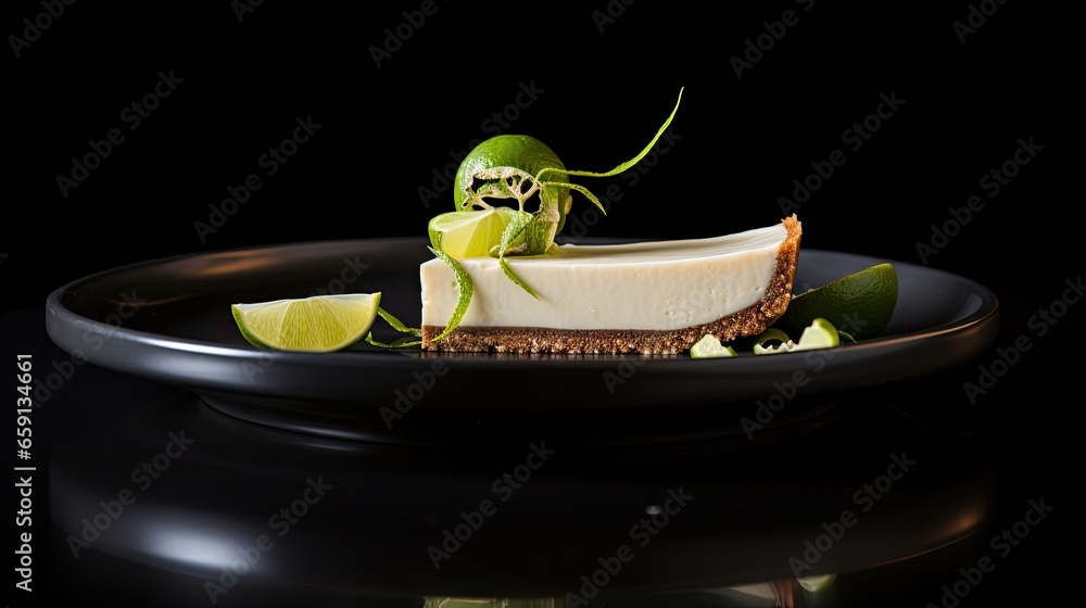 Poster a plate with a piece of cheese and a lime on it. generative ai