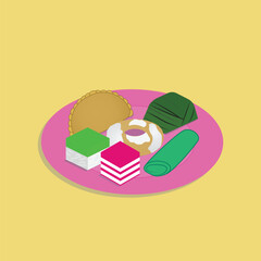 A vector of Traditional Malay confectionery in a plate. The confectionery inside is "seri muka, karipap, kuih lapis, keria, ketayap and kuih koci".