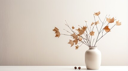  a white vase filled with a bunch of dry leaves on top of a table.  generative ai