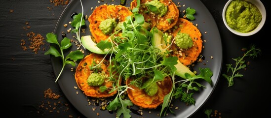 Plant based sweet potato fritters with guacamole and greens on a plate Top view