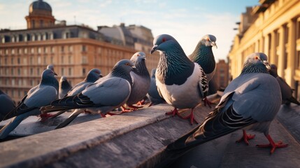 Fototapeta premium Feathered friends in the city: Pigeons cuddle on a rooftop railing. Discover the heartwarming moments of urban birdlife