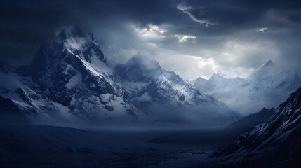Fototapeta na wymiar As evening descends, dark clouds loom over the majestic mountains..