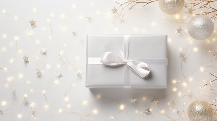  a white gift box with a white ribbon and a white bow.  generative ai