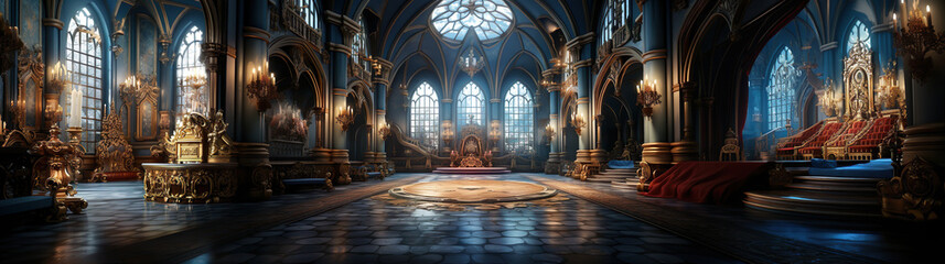 Fabulous Interior Of The Royal Hall In The Palace.
Illustration On The Theme Of History And Fairy Tales, Fantasy And Architecture. Generative AI