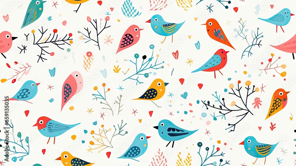 Poster a pattern of colorful birds and branches on a white background. generative ai