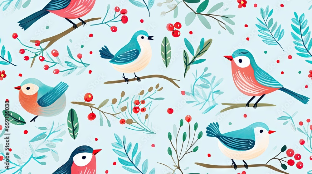 Poster a pattern of birds sitting on a branch with berries and leaves. generative ai