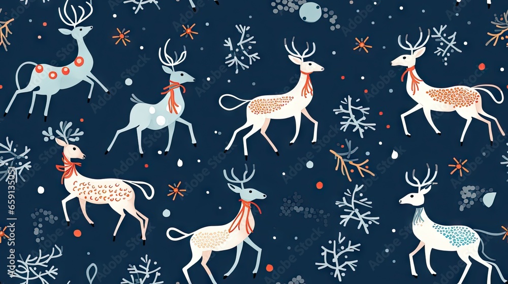 Poster a pattern of deers and snowflakes on a blue background. generative ai
