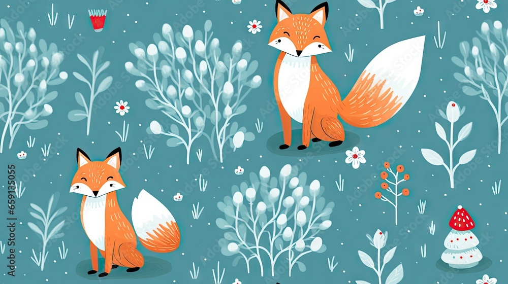 Poster a blue background with a fox and a mushroom on it. generative ai