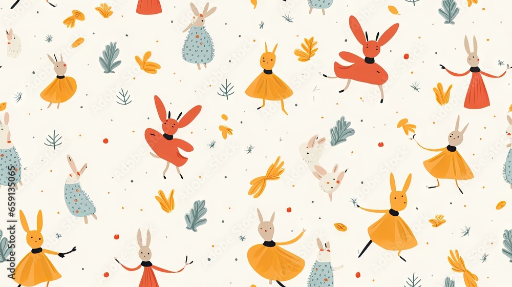 Poster a pattern of rabbits in dresses and trees on a white background. generative ai