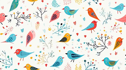  a pattern of colorful birds and branches on a white background.  generative ai