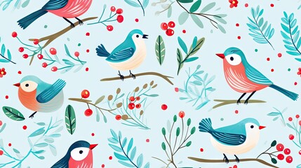 Fototapeta premium a pattern of birds sitting on a branch with berries and leaves. generative ai