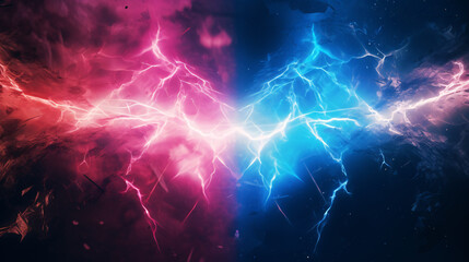 Abstract electric lightning in vivid blue and pink hues, symbolizing conflict and confrontation. Versus screen in gaming... - obrazy, fototapety, plakaty
