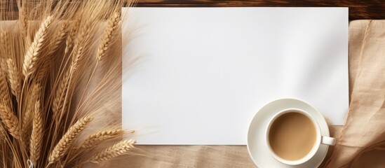 Empty copy space on wooden table with coffee cup pampas grass Wedding invitation card mockup