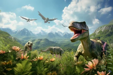 Keuken spatwand met foto Dinosaurs in the Triassic period age in the green grass land and blue sky background, Habitat of dinosaur, history of world concept. © TANATPON