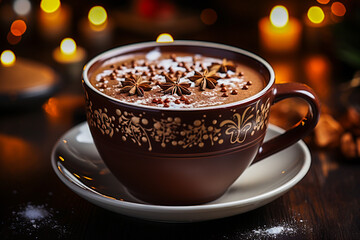 A cup of flavored coffee with whipped cream and cinnamon. Golden garland light, winter hot drink