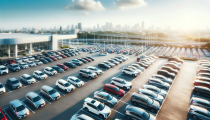 Photograph of a car dealership lot during a clear day. The vast space is filled with an assortment of vehicles, from family cars to luxury models