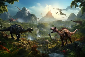 Foto op Canvas Dinosaurs in the Triassic period age in the green grass land and blue sky background, Habitat of dinosaur, history of world concept. © TANATPON