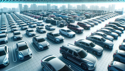 Digital visualization of a typical car dealer's stock lot. The scene is brimming with various cars, each with distinct features and designs