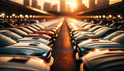 Fototapeta premium series of cars, focusing on their hoods in perspective. The cars lead away from the viewer, creating depth and dimension. 