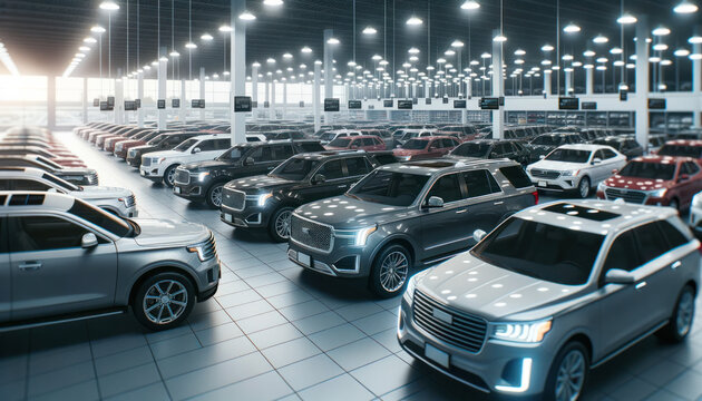 High-resolution image capturing the essence of a car dealer's inventory. Rows of sedans, SUVs, and trucks gleam under the ambient lighting