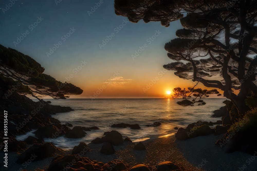 Poster setting sun by the sea with japanese trees and stars in the sky - ai generative