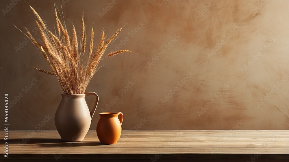 Poster two vases sitting on a table with a plant in them. generative ai
