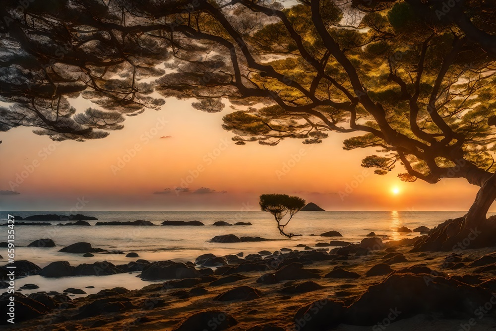 Poster setting sun by the sea with japanese trees and stars in the sky - ai generative