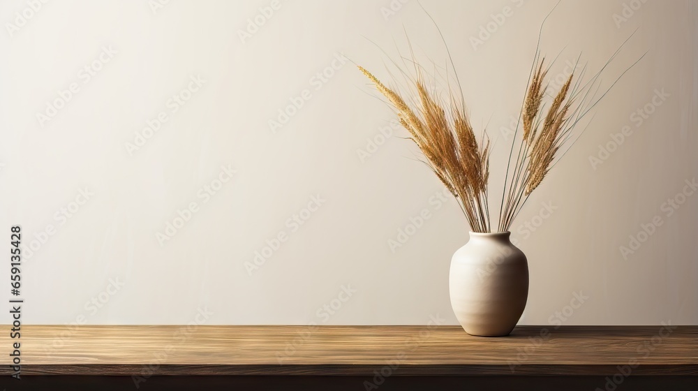 Poster a white vase with some dry grass in it on a table. generative ai