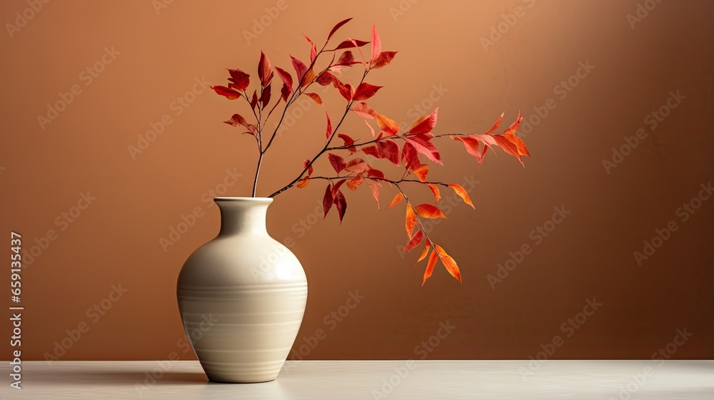 Poster a white vase with a branch in it on a table. generative ai