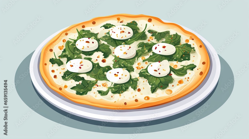 Poster a pizza with spinach and cheese on a plate on a table. generative ai