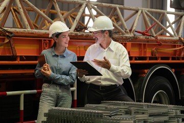 Factory manager inspecting industrial steel machinery and overseeing while supervising and enhancing quality control process for metal material product. Exemplifying