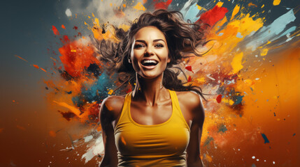 Young girl in colourful paint background. Sports Concept.