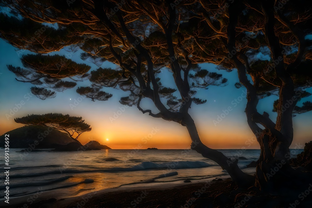 Poster setting sun by the sea with japanese trees and stars in the sky - ai generative