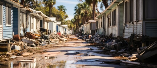 Impact of hurricane Ian on Florida suburban homes in a mobile home community - obrazy, fototapety, plakaty