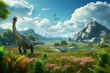 Foto op Plexiglas Dinosaurs in the Triassic period age in the green grass land and blue sky background, Habitat of dinosaur, history of world concept. © TANATPON