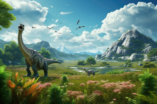 Fototapeta Dinosaurs in the Triassic period age in the green grass land and blue sky background, Habitat of dinosaur, history of world concept.