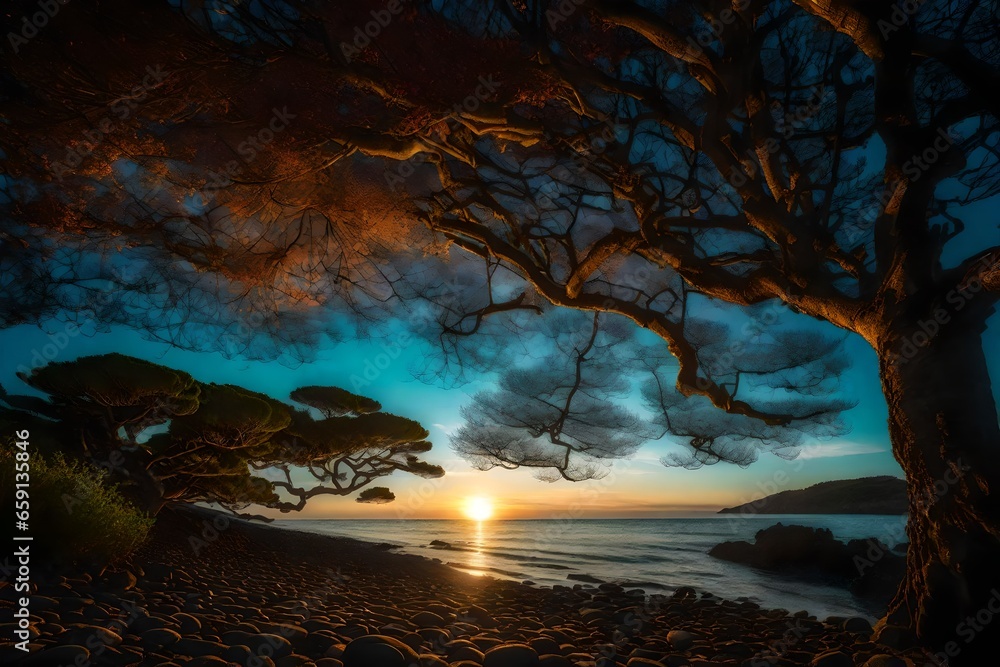 Poster setting sun by the sea with japanese trees and stars in the sky - ai generative