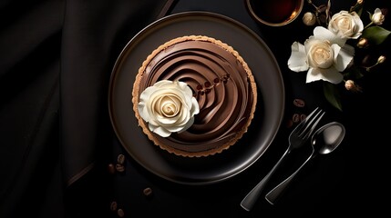  a chocolate pie with a flower on a plate next to a cup of coffee.  generative ai