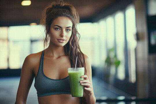 Sensuality and Wellness in the Gym. An Incredibly Elegant Woman Indulges in a Refreshing Smoothie, Reinforcing the Significance of Staying Active, Hydrated, and Cultivating a Dreamy Body. AI Generativ