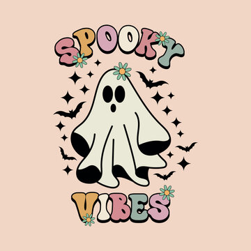Happy Halloween Day 70s Groovy Svg, Png, Eps - Spooky Halloween Ghost, Spooky Vibes Svg, Fly Phantom Spirit Scary Face Svg