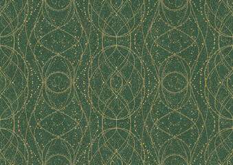 Hand-drawn unique abstract symmetrical seamless gold ornament and splatters of golden glitter on a warm green background. Paper texture. Digital artwork, A4. (pattern: p10-2b)